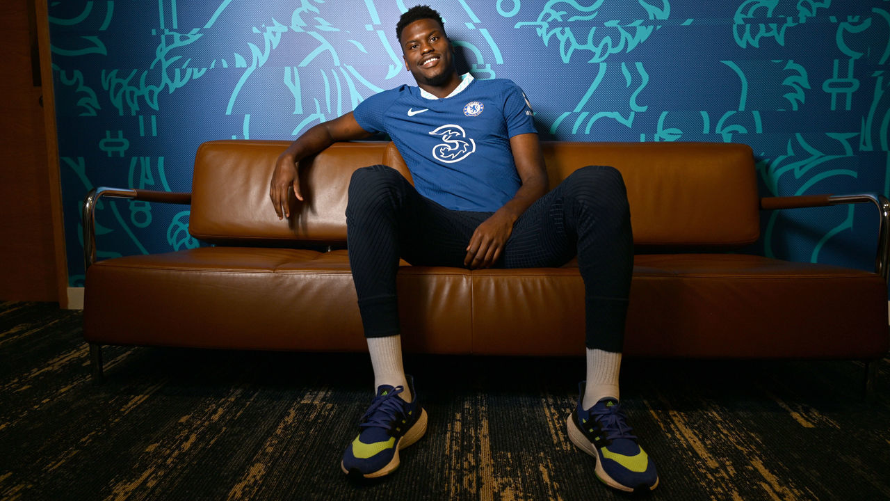 COBHAM, ENGLAND - JANUARY 05: Chelsea unveil new signing Benoit Badiashile at Chelsea Training Ground on January 5, 2023 in Cobham, England.
