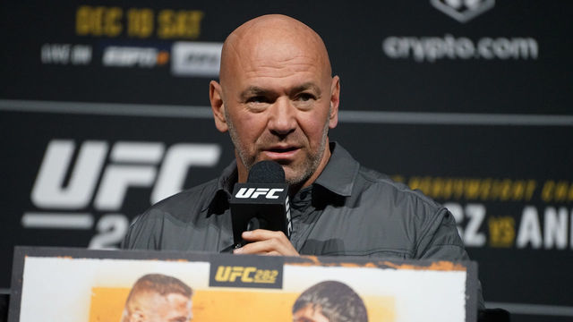 LAS VEGAS, NV - DECEMBER 8: Dana White speaks at the UFC 282 pre-fight press conference on December 8, 2022, at the MGM Garden Grand Arena in Las Vegas, NV.