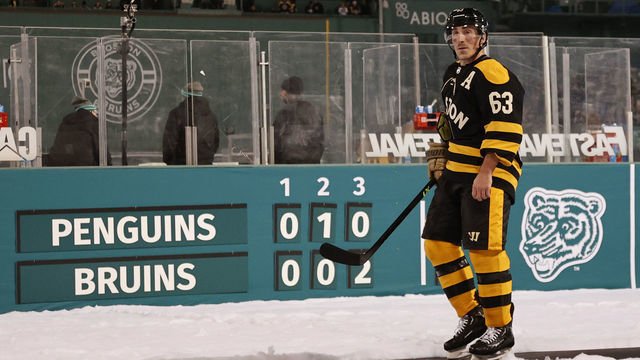 BOSTON, MA - JANUARY 02: Boston Bruins left wing Brad Marchand (63) after the 2023 NHL Winter Classic between the Boston Bruins and the Pittsburgh Penguins on January 2, 2023, at Fenway Park in Boston, Massachusetts.