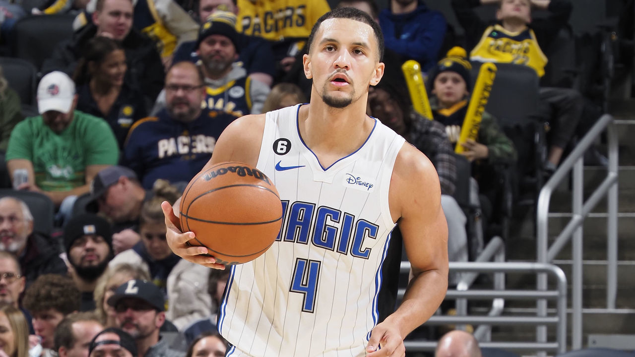 INDIANAPOLIS, IN - NOVEMBER 19: Jalen Suggs #4 of the Orlando Magic dribbles the ball during the game against the Indiana Pacers on November 19, 2022 at Gainbridge Fieldhouse in Indianapolis, Indiana. Mandatory Copyright Notice: Copyright 2022 NBAE
