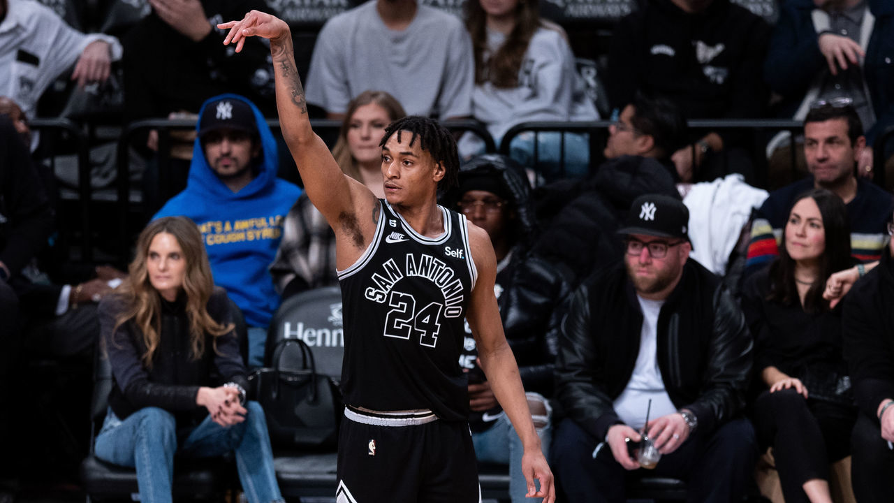 NEW YORK, NEW YORK - JANUARY 02: Devin Vassell #24 of the San Antonio Spurs watches after attempting a shot during the third quarter of the game against the Brooklyn Nets at Barclays Center on January 02, 2023 in New York City.