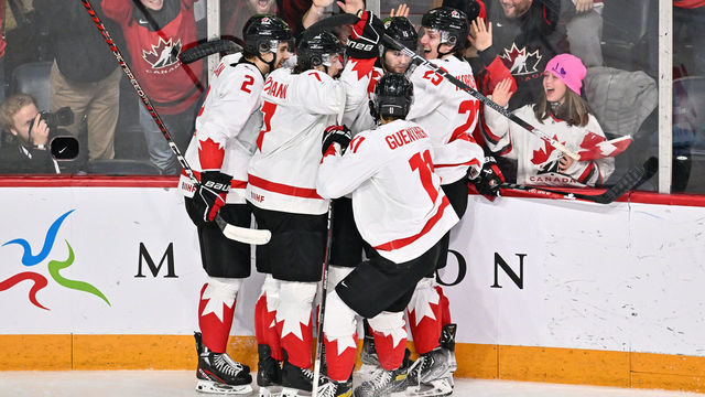 HALIFAX, CANADA - JANUARY 05: Shane Wright #15 of Team Canada celebrates his goal with teammates Nolan Allan #2, Brennan Othmann #7, Dylan Guenther #11 and Kevin Korchinski #25 during the second period against Team Czech Republic in the gold medal round of the 2023 IIHF World Junior Championship at Scotiabank Centre on January 5, 2023 in Halifax, Nova Scotia, Canada.