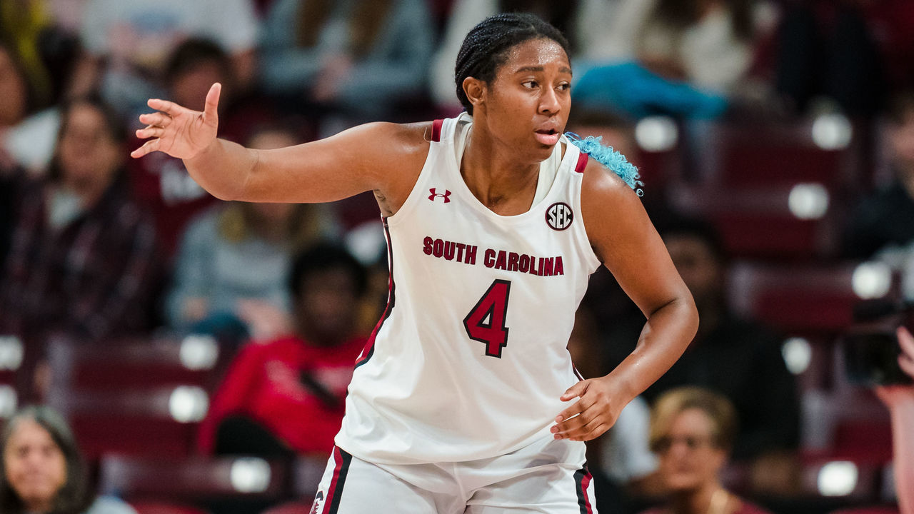 COLUMBIA, SOUTH CAROLINA - DECEMBER 11: Aliyah Boston #4 of the South Carolina Gamecocks plays against the Liberty Lady Flames during their game at Colonial Life Arena on December 11, 2022 in Columbia, South Carolina.