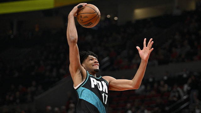 PORTLAND, OREGON - DECEMBER 10: Shaedon Sharpe #17 of the Portland Trail Blazers goes for a dunk during the first quarter against the Minnesota Timberwolves at the Moda Center on December 10, 2022 in Portland, Oregon.