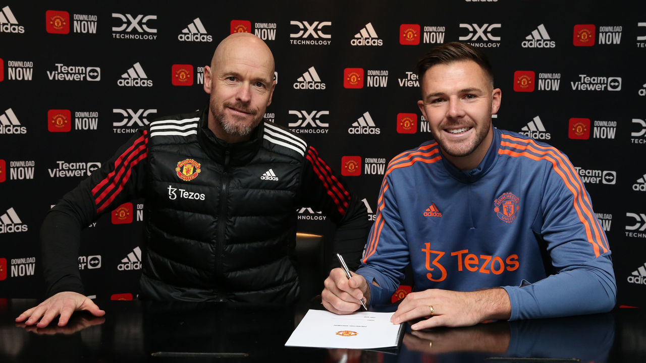 MANCHESTER, ENGLAND - JANUARY 05: (EXCLUSIVE COVERAGE) Jack Butland of Manchester United poses with Manager Erik ten Hag after signing for the club at Carrington Training Ground on January 05, 2023 in Manchester, England.