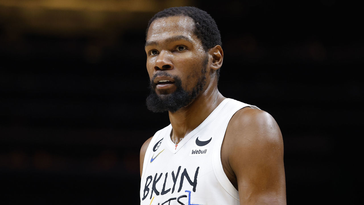 ATLANTA, GA - DECEMBER 28: Kevin Durant #7 of the Brooklyn Nets looks back towards fans after a foul is called against him during the second half against the Atlanta Hawks at State Farm Arena on December 28, 2022 in Atlanta, Georgia.