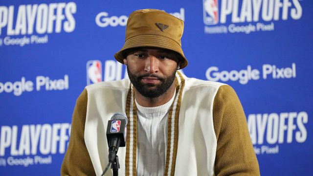 SAN FRANCISCO, CA - APRIL 27: DeMarcus Cousins #4 of the Denver Nuggets speaks to the press after Round 1 Game 5 of the 2022 NBA Playoffs against the Golden State Warriorson April 27, 2022 at Chase Center in San Francisco, California. NOTE TO USER: User expressly acknowledges and agrees that, by downloading and or using this photograph, user is consenting to the terms and conditions of Getty Images License Agreement. Mandatory Copyright Notice: Copyright 2022 NBAE