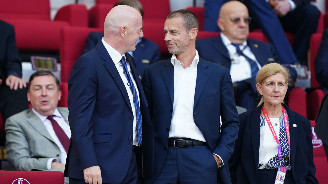 FIFA President Gianni Infantino and UEFA President Aleksander Ceferin in the stands during the FIFA World Cup Group B match at the Khalifa International Stadium, Doha. Picture date: Monday November 21, 2022.