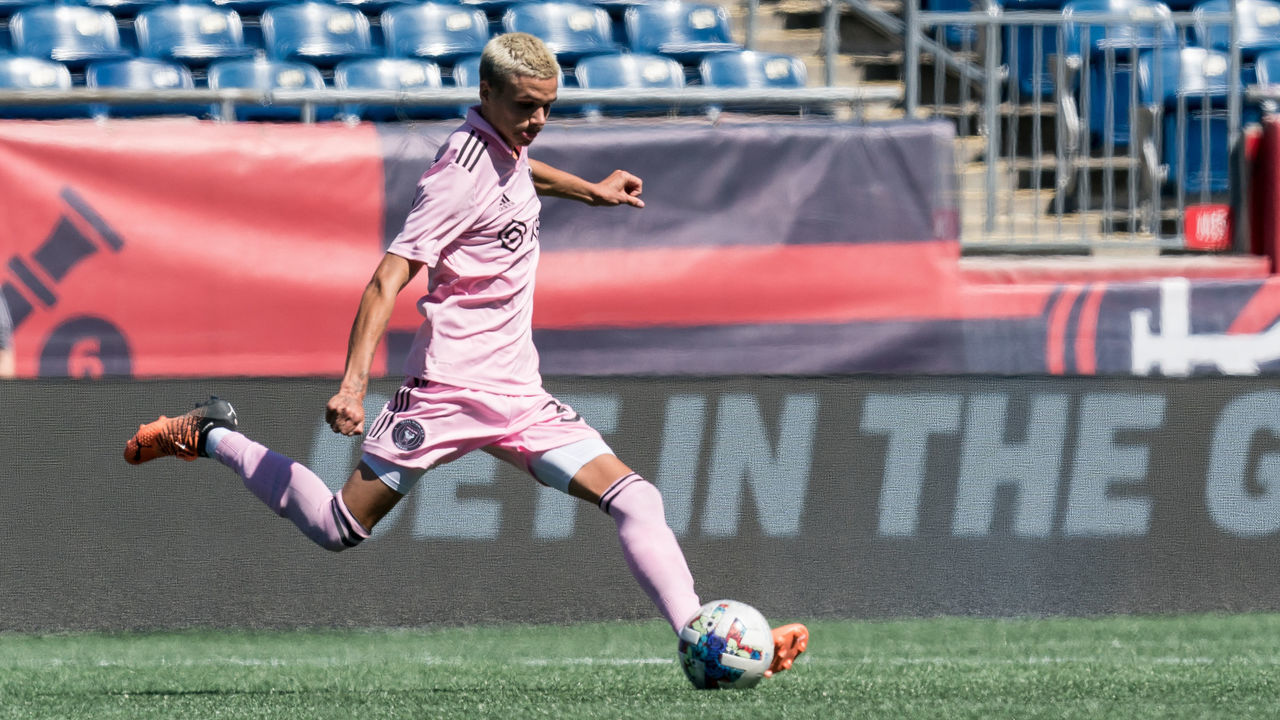 FOXBOROUGH, MA - MAY 1: Romeo Beckham #37 of Inter Miami II passes the ball during a game between Inter Miami CF II and New England Revolution II at Gillette Stadium on May 1, 2022 in Foxborough, Massachusetts. .