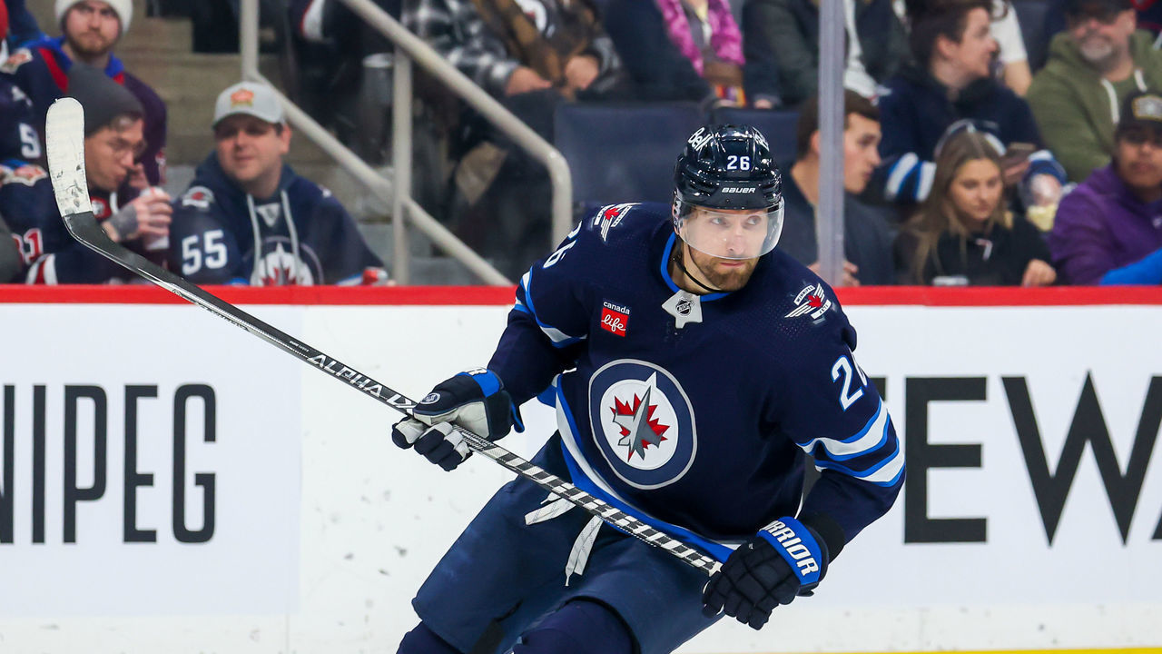 WINNIPEG, CANADA - DECEMBER 13: Blake Wheeler #26 of the Winnipeg Jets skates during second period action against the Vegas Golden Knights at Canada Life Centre on December 13, 2022 in Winnipeg, Manitoba, Canada.