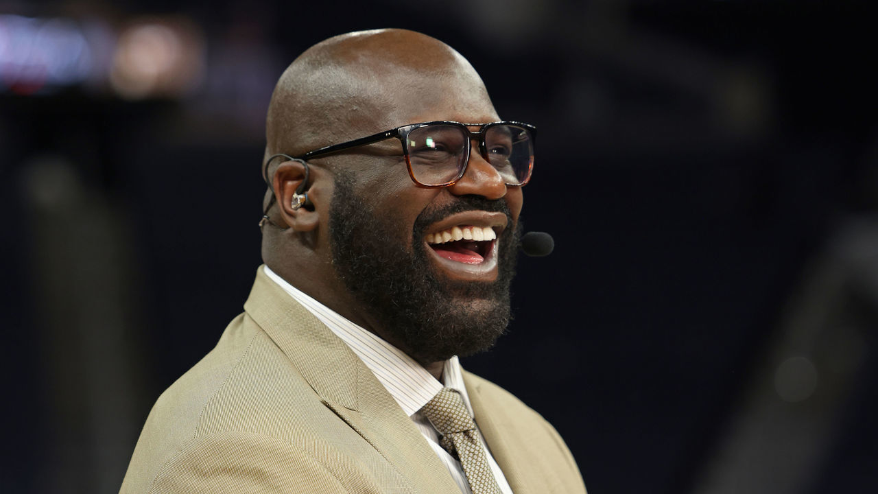 SAN FRANCISCO, CA - JUNE 5: NBA TV Analyst,Shaquille O'Neal smiles and poses for a photo during Game Two of the 2022 NBA Finals between the Boston Celtics and the Golden State Warriors on June 5, 2022 at Chase Center in San Francisco, California. NOTE TO USER: User expressly acknowledges and agrees that, by downloading and or using this photograph, user is consenting to the terms and conditions of Getty Images License Agreement. Mandatory Copyright Notice: Copyright 2022 NBAE