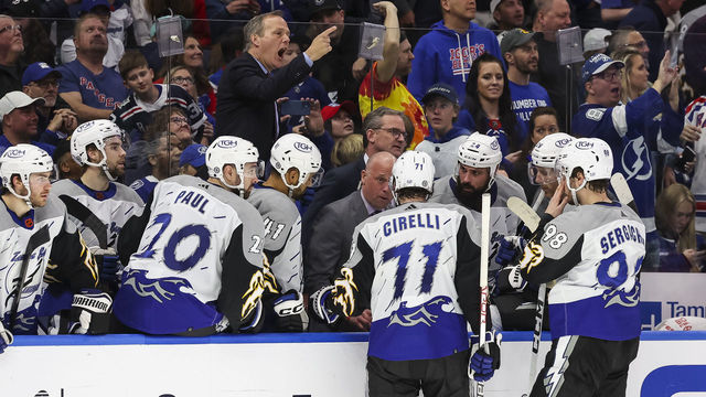 TAMPA, FL - DECEMBER 29: Head coach Jon Cooper of the Tampa Bay Lightning shouts at the refs after a call against the New York Rangers during overtime at Amalie Arena on December 29, 2022 in Tampa, Florida.