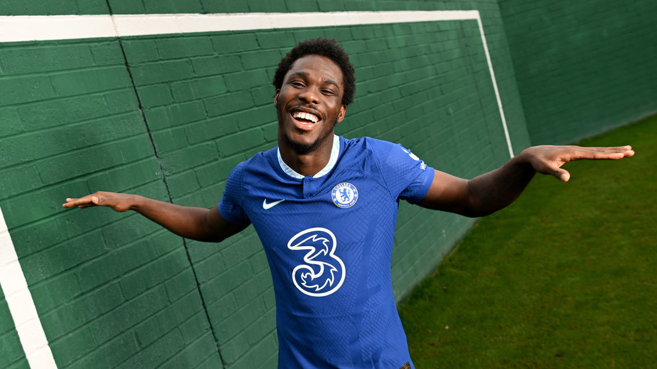 COBHAM, ENGLAND - JANUARY 06: Chelsea unveil new signing David Datro Fofana at Chelsea Training Ground on January 6, 2023 in Cobham, England.