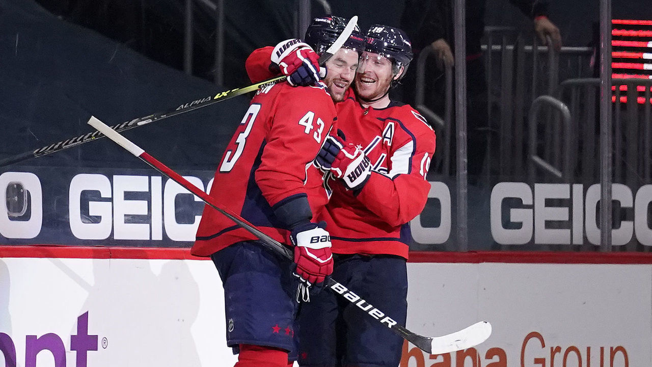 WASHINGTON, DC - MARCH 28: Tom Wilson #43 of the Washington Capitals celebrates with teammate Nicklas Backstrom #19 after scoring his second goal of the game against the New York Rangers in the second period at Capital One Arena on March 28, 2021 in Washington, DC.
