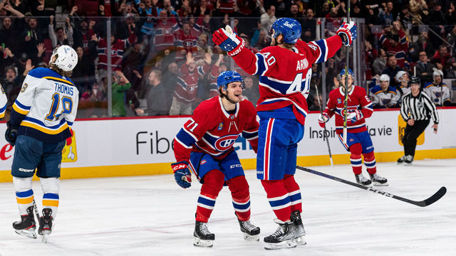 MONTREAL, CANADA - JANUARY 7: Joel Armia #40 of the Montreal Canadiens celebrates after a goal during the third period of the NHL regular season game between the Montreal Canadiens and the St. Louis Blues at the Bell Centre on January 7, 2023 in Montreal, Quebec, Canada.