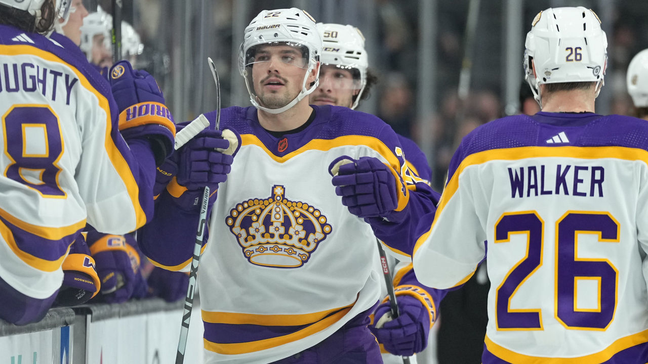 LAS VEGAS, NEVADA - JANUARY 07: Kevin Fiala #22 of the Los Angeles Kings celebrates after scoring a goal during the third period against the Vegas Golden Knights at T-Mobile Arena on January 07, 2023 in Las Vegas, Nevada.