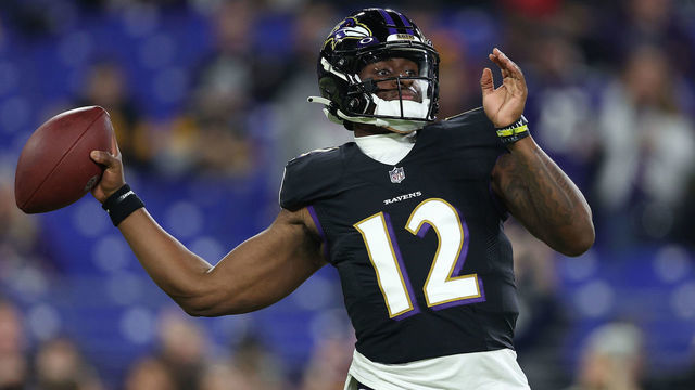 BALTIMORE, MARYLAND - JANUARY 01: Anthony Brown #12 of the Baltimore Ravens warms up prior to the game against the Pittsburgh Steelers at M&T Bank Stadium on January 01, 2023 in Baltimore, Maryland.