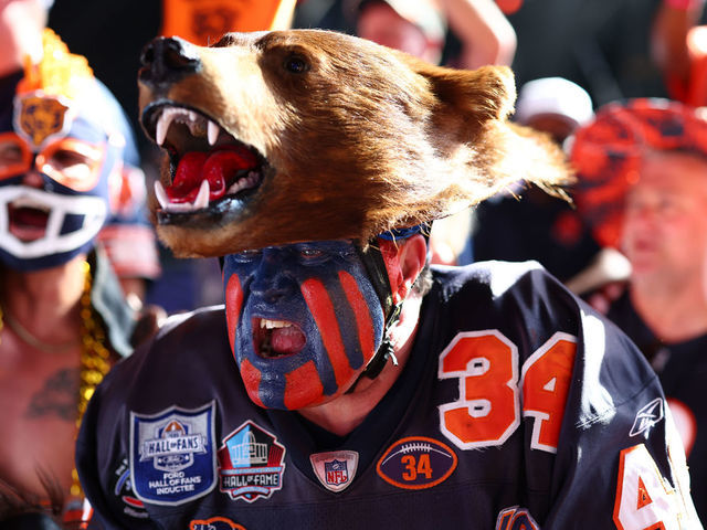 LAS VEGAS, NV - APRIL 29: A Chicago Bears fan cheers during round two of the 2022 NFL Draft on April 28, 2022 in Las Vegas, Nevada.