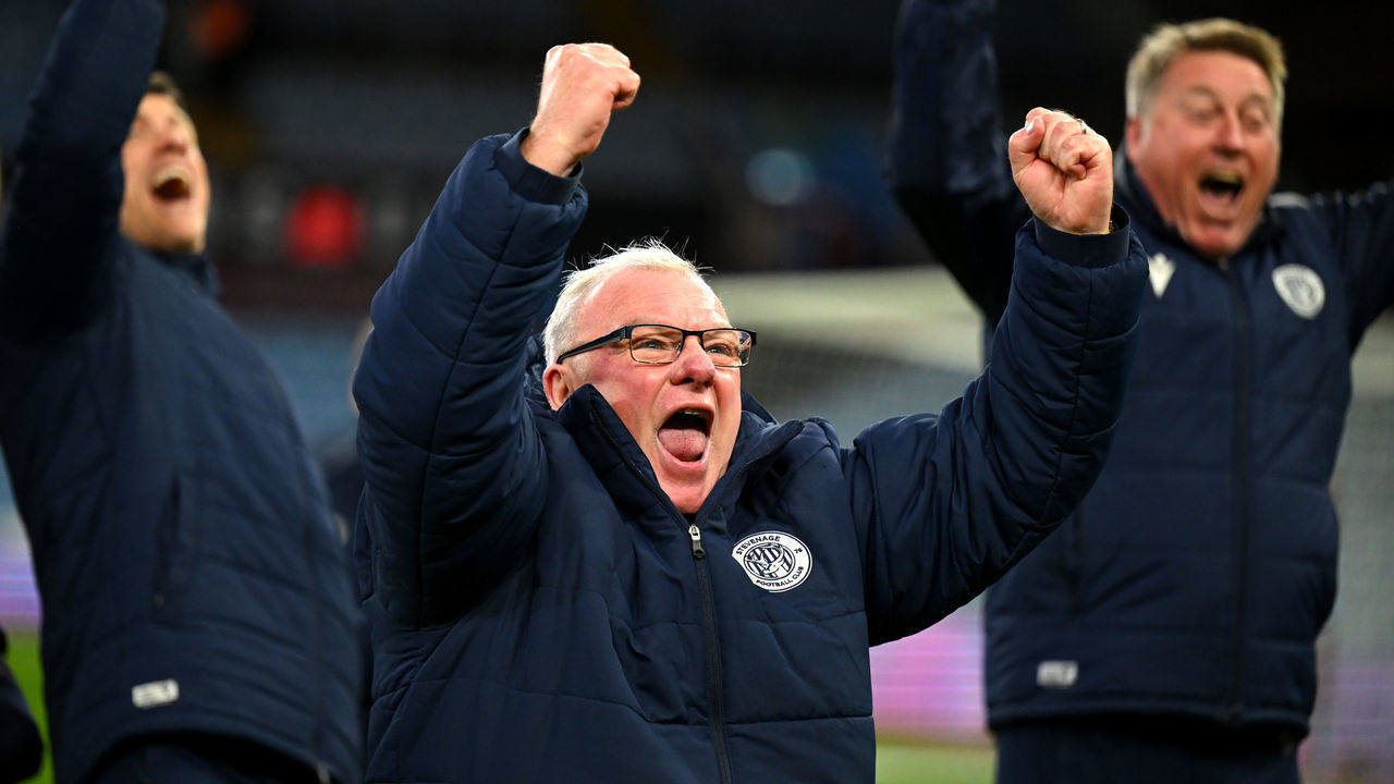 BIRMINGHAM, ENGLAND - JANUARY 08: Steve Evans, Manager of Stevenage, celebrates victory following the Emirates FA Cup Third Round match between Aston Villa and Stevenage at Villa Park on January 08, 2023 in Birmingham, England.
