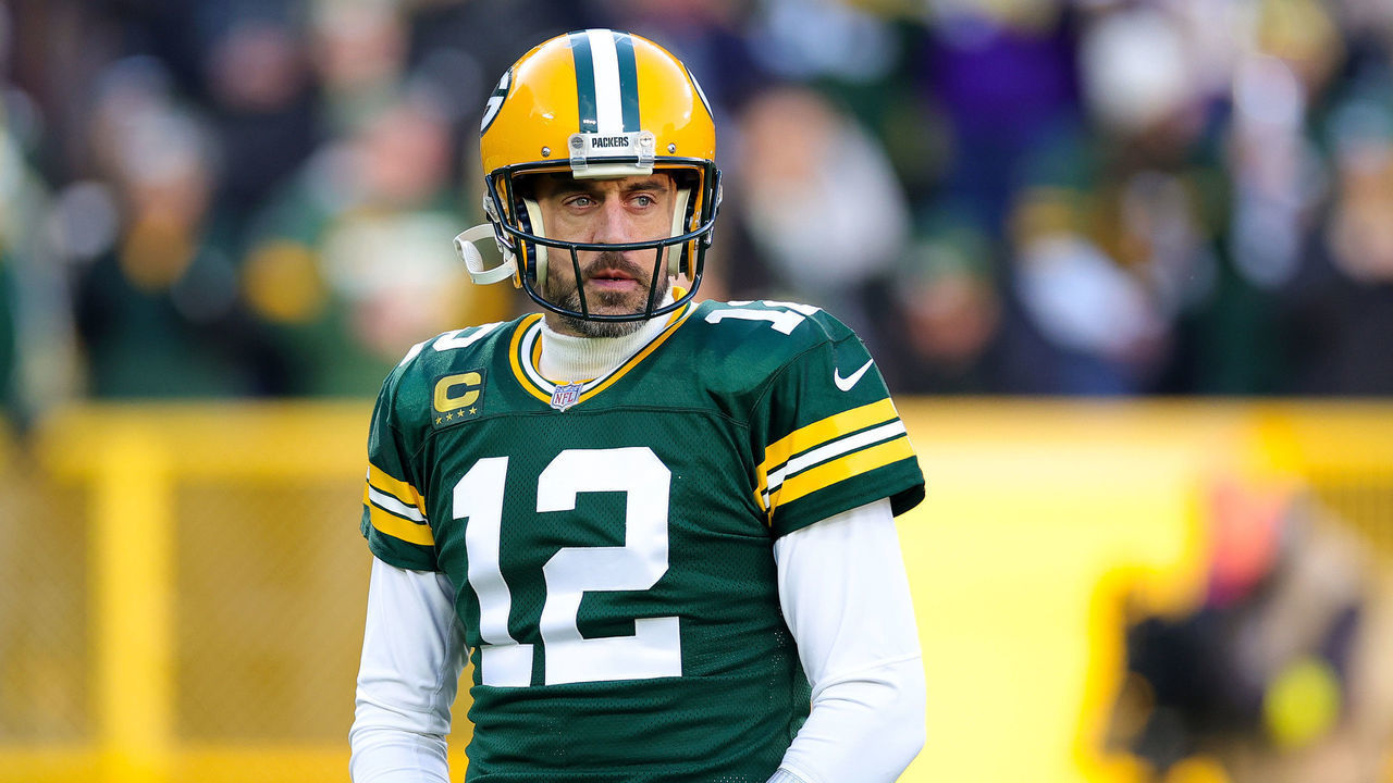 GREEN BAY, WISCONSIN - JANUARY 01: Aaron Rodgers #12 of the Green Bay Packers looks on before the game against the Minnesota Vikings at Lambeau Field on January 01, 2023 in Green Bay, Wisconsin.