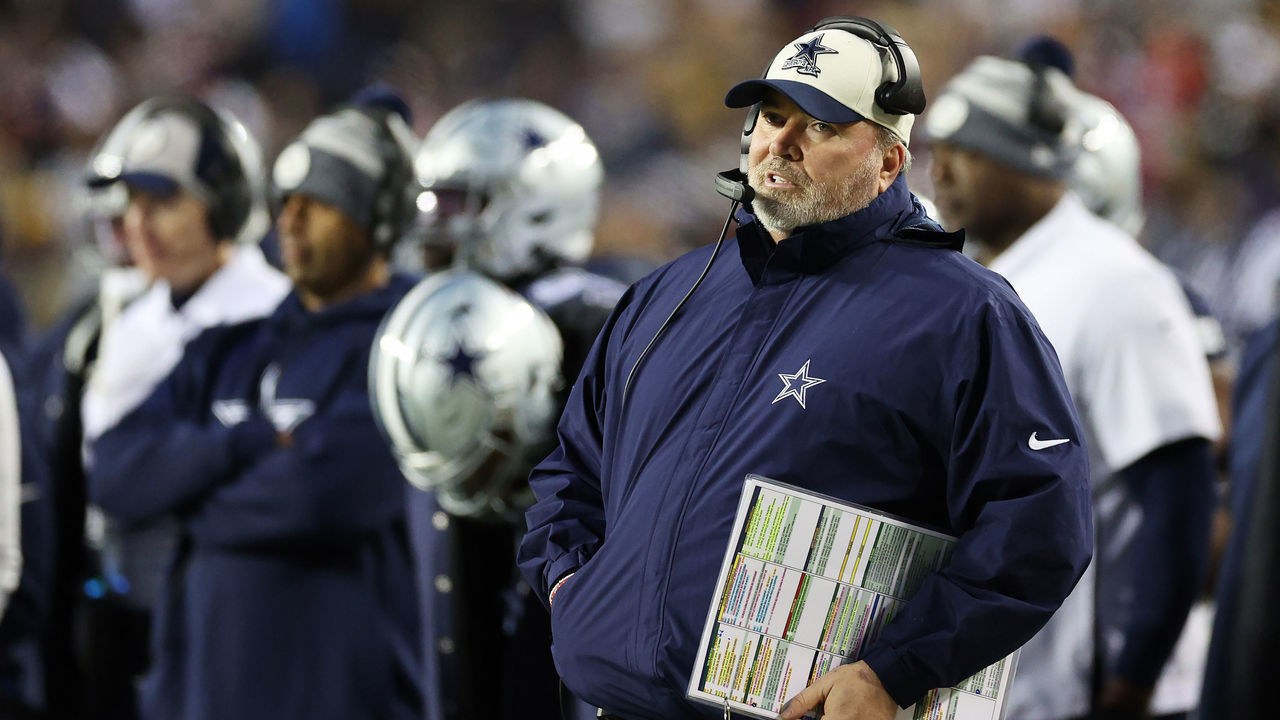 LANDOVER, MARYLAND - JANUARY 08: Head coach Mike McCarthy of the Dallas Cowboys looks on during the first half of the game against the Washington Commanders at FedExField on January 08, 2023 in Landover, Maryland.