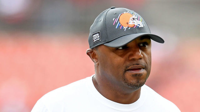 CLEVELAND, OH - OCTOBER 17: Defensive coordinator Joe Woods of the Cleveland Browns looks on prior to a game against the Arizona Cardinals at FirstEnergy Stadium on October 17, 2021 in Cleveland, Ohio.