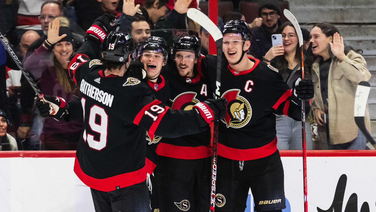 OTTAWA, ON - JANUARY 07: Ottawa Senators Center Tim Stutzle (18) celebrates his first goal with teammates Right Wing Drake Batherson (19), Defenceman Thomas Chabot (72) and Left Wing Brady Tkachuk (7) during second period National Hockey League action between the Seattle Kraken and Ottawa Senators on January 7, 2023, at Canadian Tire Centre in Ottawa, ON, Canada.
