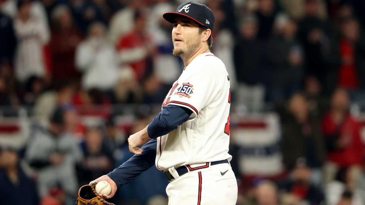 ATLANTA, GA - OCTOBER 30: Luke Jackson #77 of the Atlanta Braves looks on in the eighth inning during Game 4 of the 2021 World Series between the Houston Astros and the Atlanta Braves at Truist Park on Saturday, October 30, 2021 in Atlanta, Georgia.