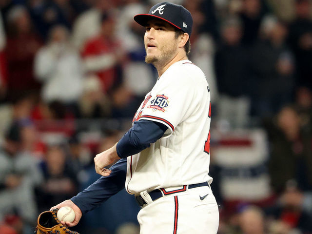 ATLANTA, GA - OCTOBER 30: Luke Jackson #77 of the Atlanta Braves looks on in the eighth inning during Game 4 of the 2021 World Series between the Houston Astros and the Atlanta Braves at Truist Park on Saturday, October 30, 2021 in Atlanta, Georgia.