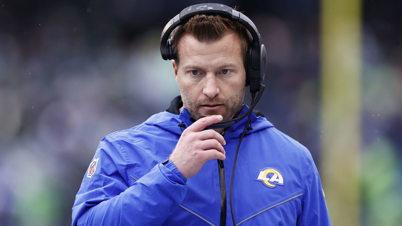 SEATTLE, WASHINGTON - JANUARY 08: Head coach Sean McVay of the Los Angeles Rams looks on during the second quarter against the Seattle Seahawks at Lumen Field on January 08, 2023 in Seattle, Washington.