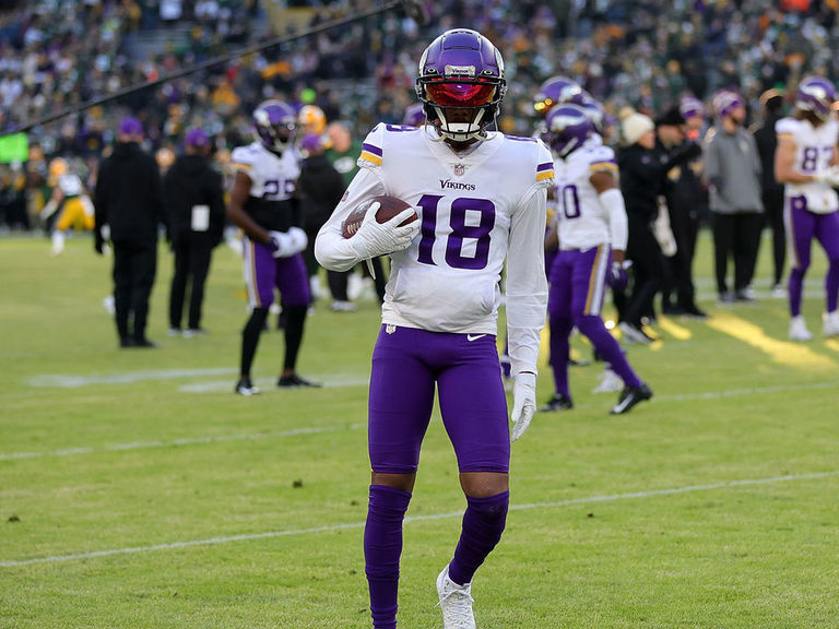 Minnesota Vikings wide receiver Justin Jefferson (18) in action during the  second half of an NFL wild-card football game against the New York Giants,  Sunday, Jan. 15, 2023 in Minneapolis. (AP Photo/Stacy