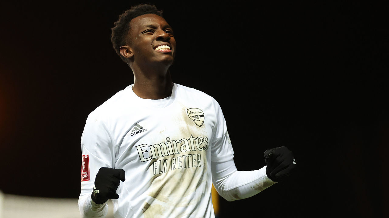 OXFORD, ENGLAND - JANUARY 09: Eddie Nketiah of Arsenal celebrates after scoring the team's third goal during the Emirates FA Cup Third Round match between Oxford United and Arsenal at Kassam Stadium on January 09, 2023 in Oxford, England.