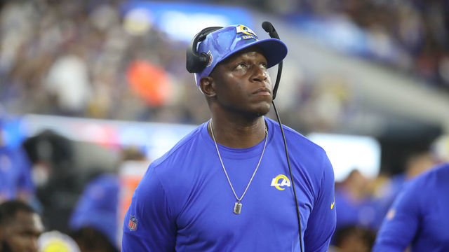 INGLEWOOD, CA - SEPTEMBER 08: Los Angeles Rams defensive coach Raheem Morris during the Buffalo Bills game versus the Los Angeles Rams on September 8, 2022, at Sofi Stadium in Inglewood, CA.