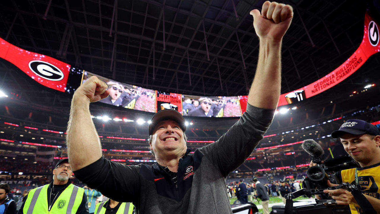 INGLEWOOD, CALIFORNIA - JANUARY 09: Head coach Kirby Smart of the Georgia Bulldogs celebrates after defeating the TCU Horned Frogs in the College Football Playoff National Championship game at SoFi Stadium on January 09, 2023 in Inglewood, California. Georgia defeated TCU 65-7.