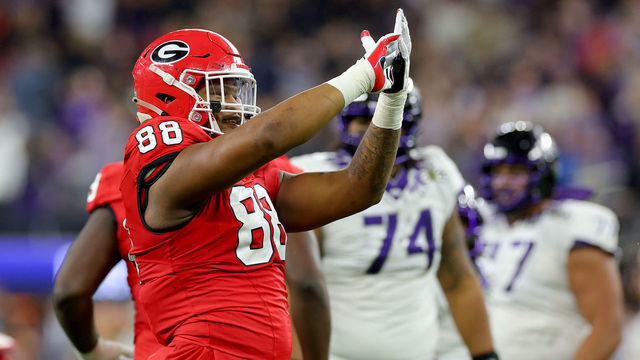 INGLEWOOD, CALIFORNIA - JANUARY 09: Jalen Carter #88 of the Georgia Bulldogs reacts after a play in the second quarter against the TCU Horned Frogs in the College Football Playoff National Championship game at SoFi Stadium on January 09, 2023 in Inglewood, California.