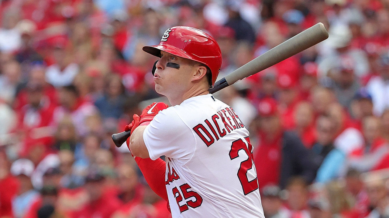 ST LOUIS, MISSOURI - OCTOBER 07: Corey Dickerson #25 of the St. Louis Cardinals at bat during Game One of the NL Wild Card series against the Philadelphia Philliesat Busch Stadium on October 07, 2022 in St Louis, Missouri. The Phillies defeated the Cardinals 6-3.
