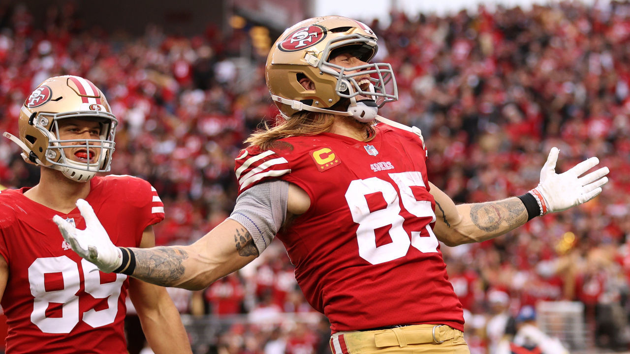 SANTA CLARA, CALIFORNIA - JANUARY 08: George Kittle #85 of the San Francisco 49ers celebrates after scoring a touchdown during the third quarter against the Arizona Cardinals at Levi's Stadium on January 08, 2023 in Santa Clara, California.