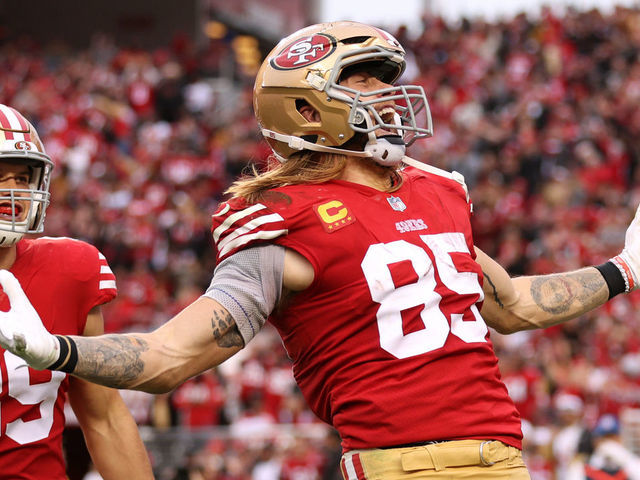 SANTA CLARA, CALIFORNIA - JANUARY 08: George Kittle #85 of the San Francisco 49ers celebrates after scoring a touchdown during the third quarter against the Arizona Cardinals at Levi's Stadium on January 08, 2023 in Santa Clara, California.