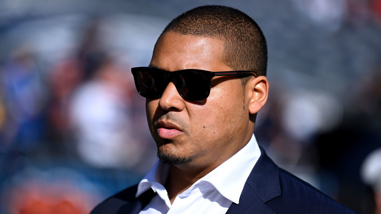 CHICAGO, ILLINOIS - NOVEMBER 06: General Manager Ryan Poles of the Chicago Bears on the field prior to the game against the Miami Dolphins at Soldier Field on November 06, 2022 in Chicago, Illinois.