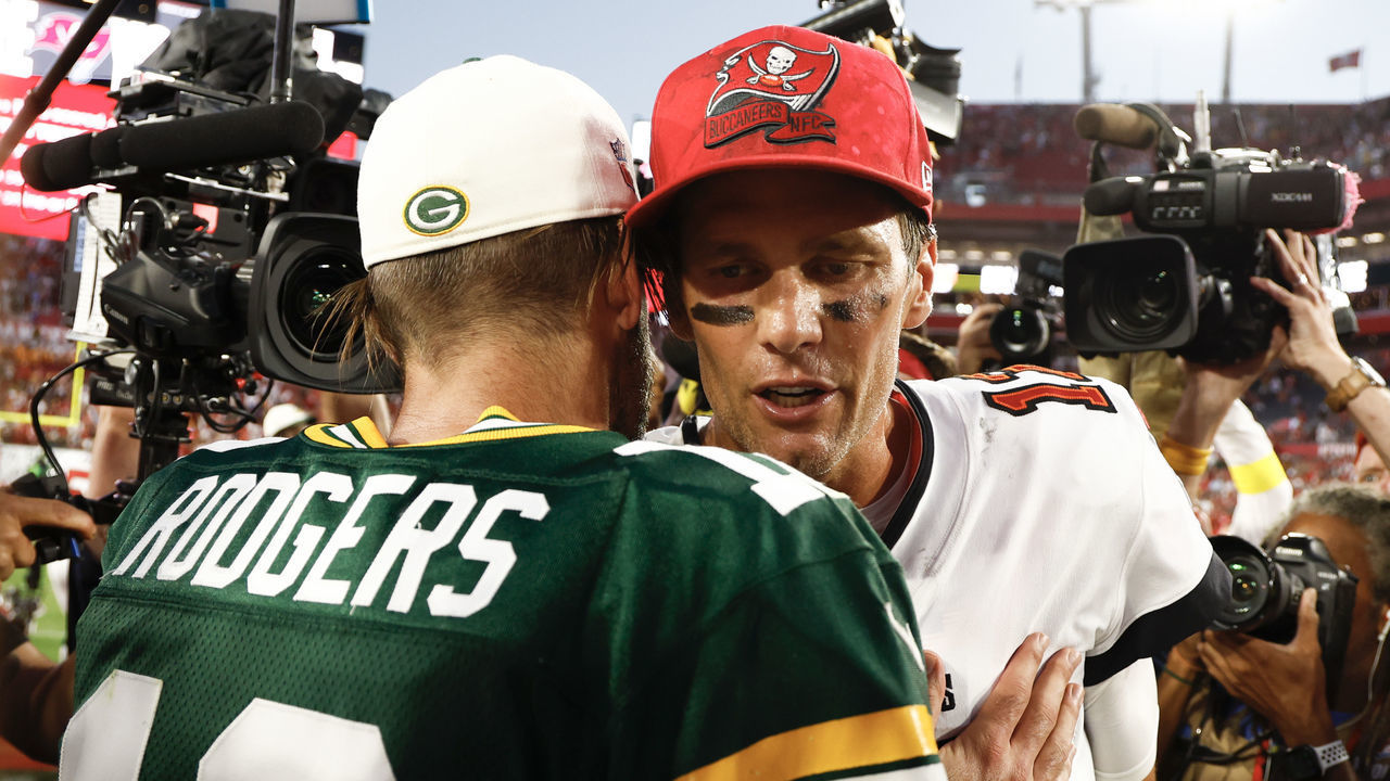 TAMPA, FLORIDA - SEPTEMBER 25: Aaron Rodgers #12 of the Green Bay Packers talks with Tom Brady #12 of the Tampa Bay Buccaneers after the game at Raymond James Stadium on September 25, 2022 in Tampa, Florida.