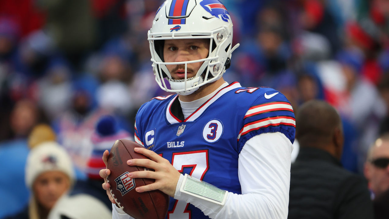 ORCHARD PARK, NY - JANUARY 08: Josh Allen #17 of the Buffalo Bills on the field before a game against the New England Patriots at Highmark Stadium on January 8, 2023 in Orchard Park, New York.