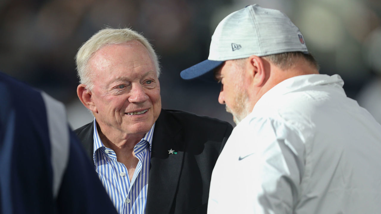 ARLINGTON, TX - AUGUST 21: Dallas Cowboys owner Jerry Jones talks to head coach Mike McCarthy prior to the game between the Dallas Cowboys and the Houston Texans on August 21, 2021 at AT&T Stadium in Arlington, TX.