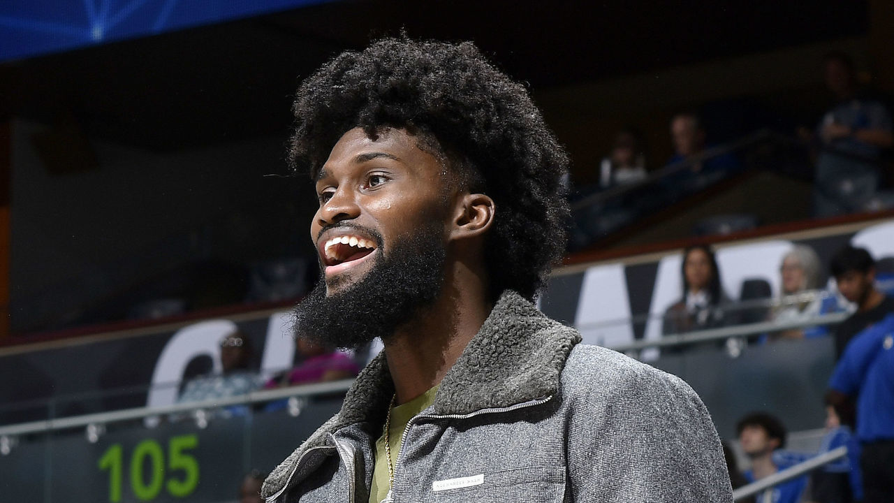 ORLANDO, FL - NOVEMBER 11: Jonathan Isaac #1 of the Orlando Magic smiles during the game on the sideline on November 11, 2022 at Amway Center in Orlando, Florida. Mandatory Copyright Notice: Copyright 2022 NBAE