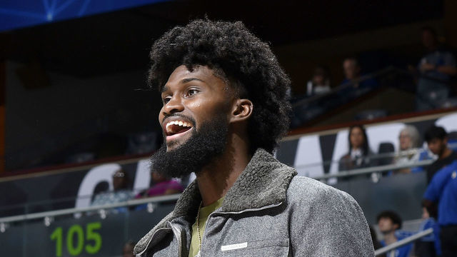 ORLANDO, FL - NOVEMBER 11: Jonathan Isaac #1 of the Orlando Magic smiles during the game on the sideline on November 11, 2022 at Amway Center in Orlando, Florida. Mandatory Copyright Notice: Copyright 2022 NBAE