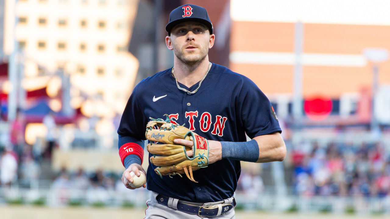 MINNEAPOLIS, MN - AUGUST 30: Boston Red Sox second baseman Trevor Story (10) jogs to the dugout during the MLB game between the Boston Red Sox and the Minnesota Twins on August 30th, 2022, at Target Field in Minneapolis, Minnesota.