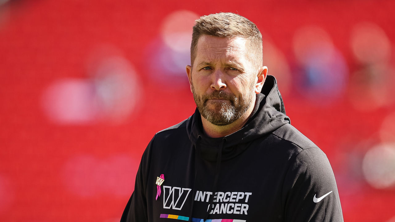 LANDOVER, MD - OCTOBER 09: Offensive coordinator Scott Turner looks on before the game against the Tennessee Titans at FedExField on October 9, 2022 in Landover, Maryland.