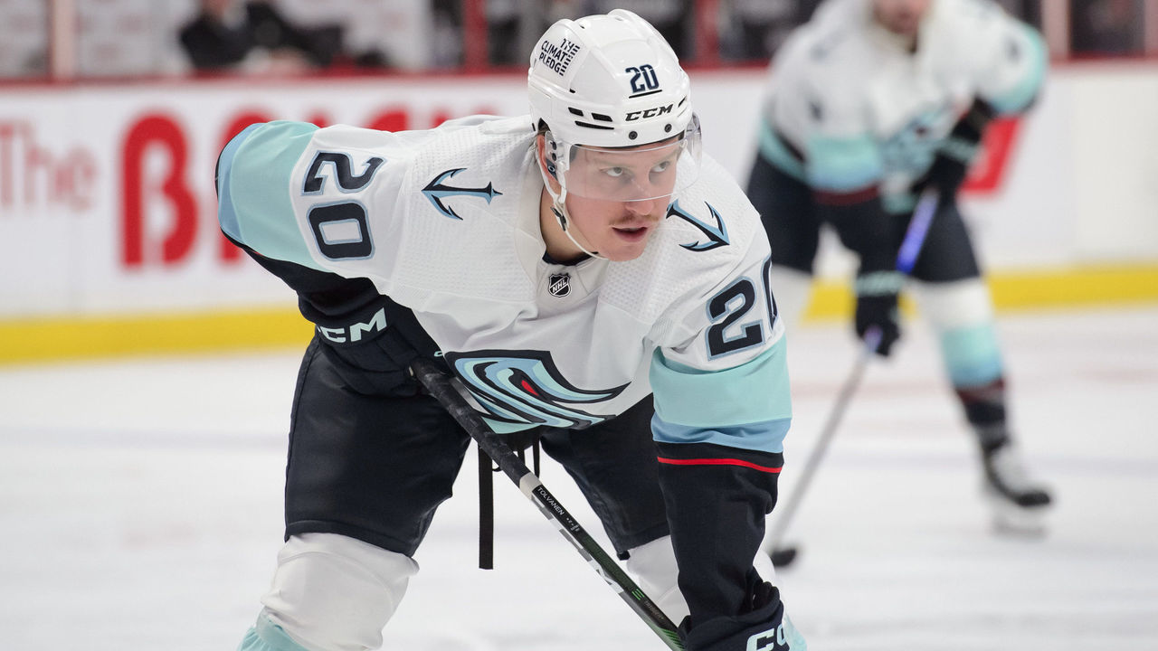 OTTAWA, CANADA - JANUARY 7: Eeli Tolvanen #20 of the Seattle Kraken skates against the Ottawa Senators at Canadian Tire Centre on January 7, 2023 in Ottawa, Ontario, Canada.