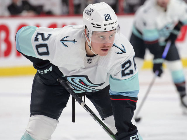 OTTAWA, CANADA - JANUARY 7: Eeli Tolvanen #20 of the Seattle Kraken skates against the Ottawa Senators at Canadian Tire Centre on January 7, 2023 in Ottawa, Ontario, Canada.