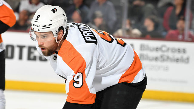 TEMPE, ARIZONA - DECEMBER 11: Ivan Provorov #9 of the Philadelphia Flyers gets ready during a face off against the Arizona Coyotes at Mullett Arena on December 11, 2022 in Tempe, Arizona.