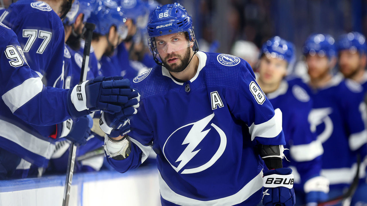 TAMPA, FLORIDA - JANUARY 10: Nikita Kucherov #86 of the Tampa Bay Lightning celebrates a goal in the first period during a game against the Columbus Blue Jackets at Amalie Arena on January 10, 2023 in Tampa, Florida.